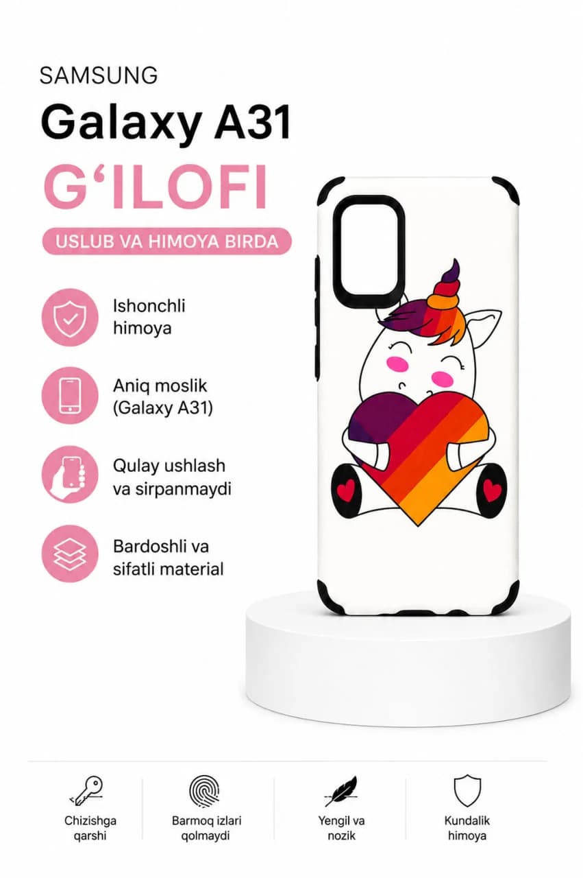 Samsung Galaxy A31 Smartfon G‘ilofi Oq Rangli Unicorn Dizaynli