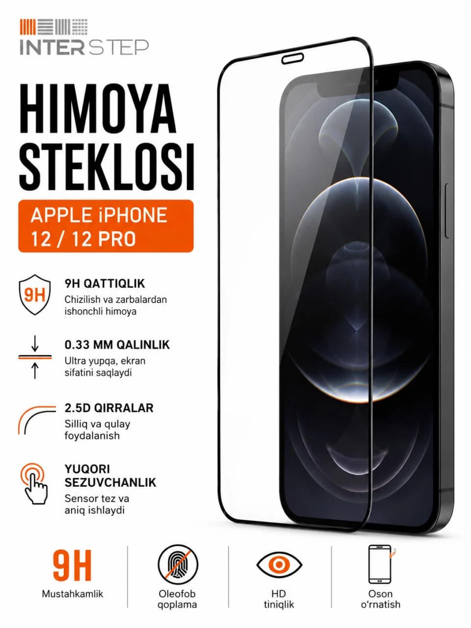 INTERSTEP Apple iPhone 12 va 12 Pro uchun 9H himoya oynasi