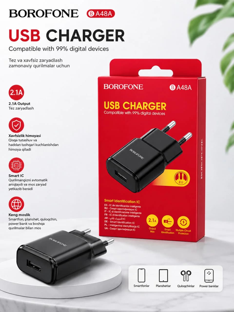 Borofone BA48A USB Tarmoq Zaryadlash Qurilmasi (2.1A)