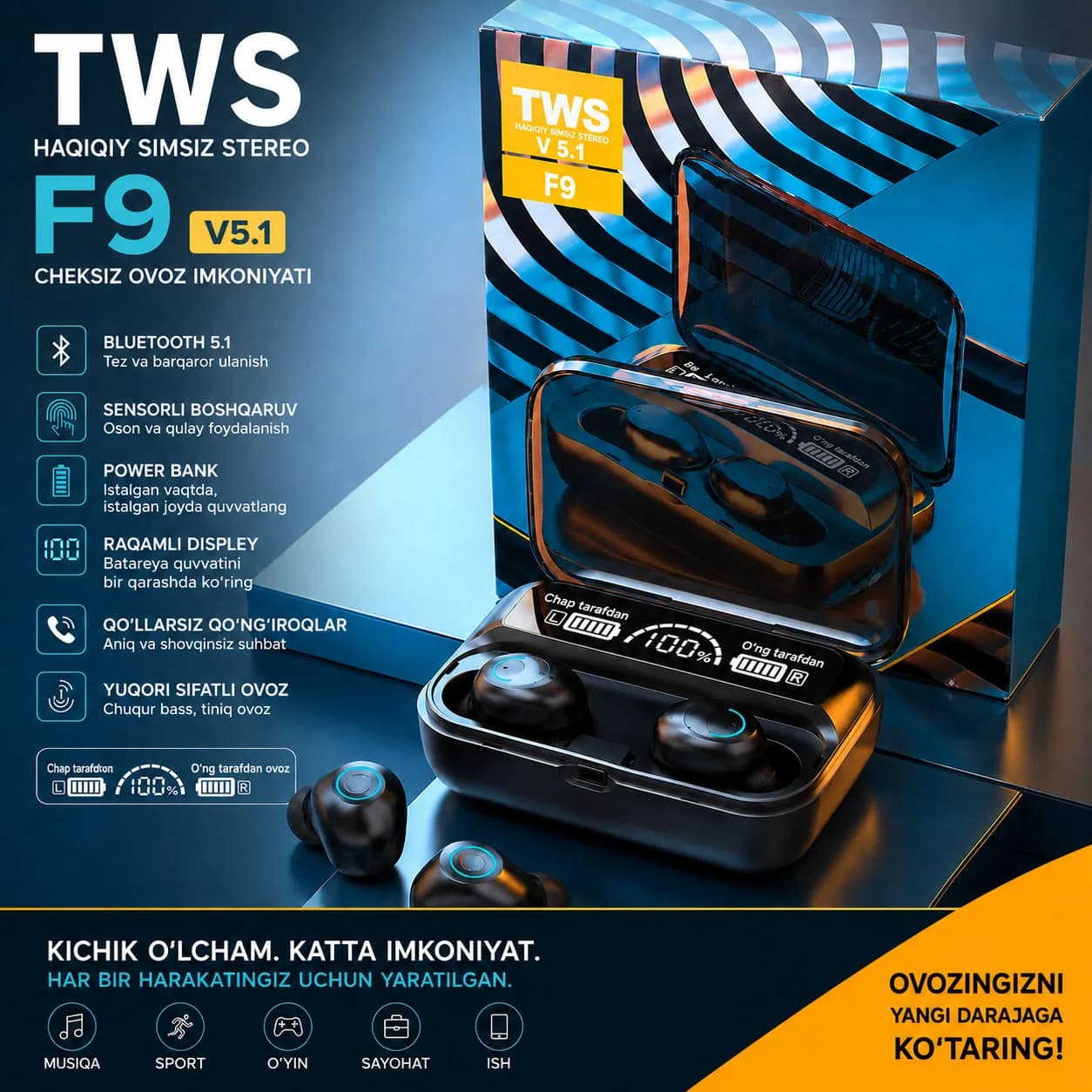 TWS F9 V5.1 Haqiqiy Simsiz Stereo Quloqchin