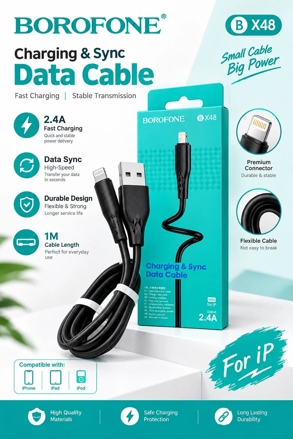 BOROFONE BX48 — Lightning zaryadlash va Data Sync kabeli