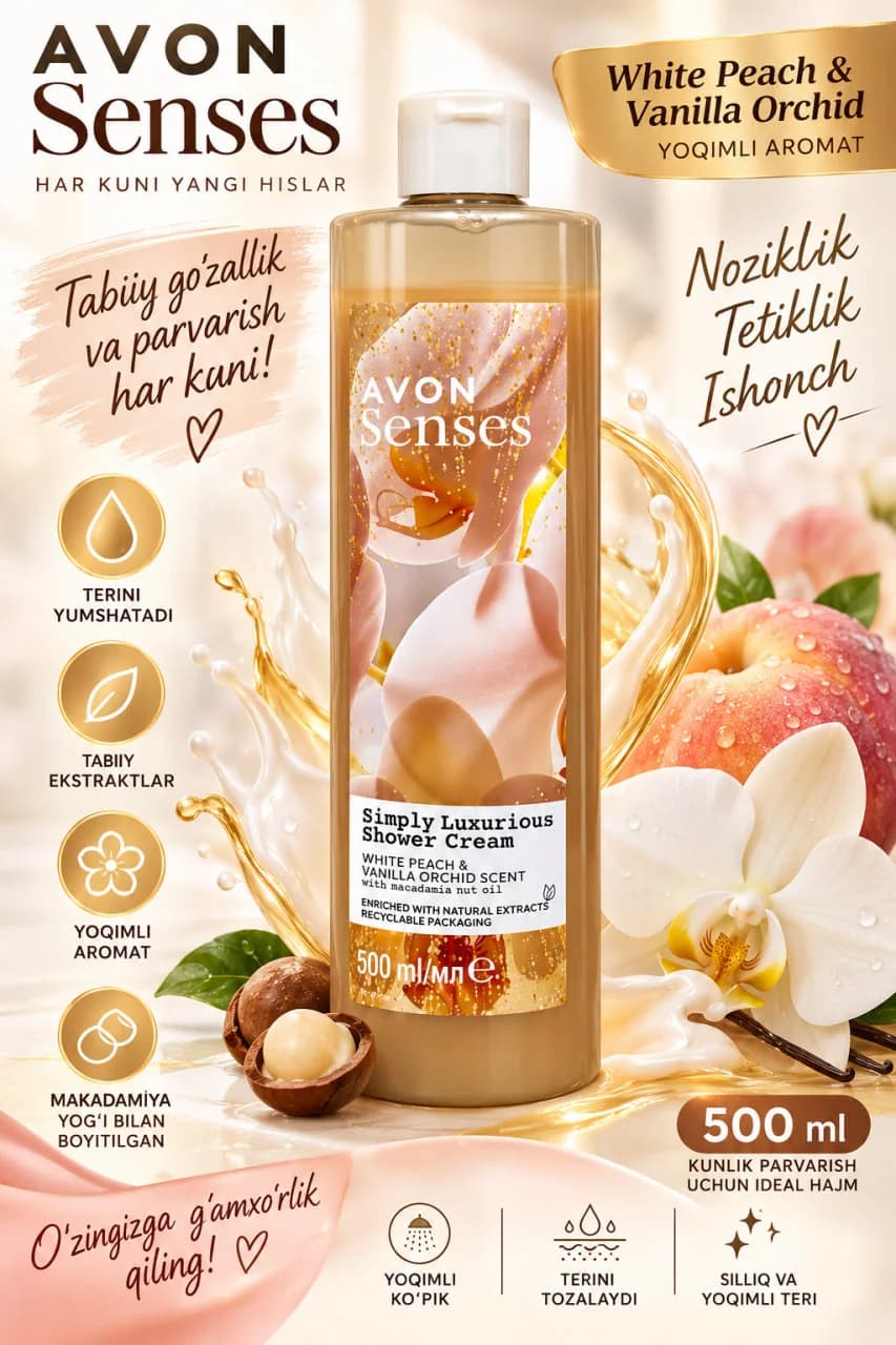 Avon Senses "White Peach & Vanilla Orchid" dush kremi (500 ml)
