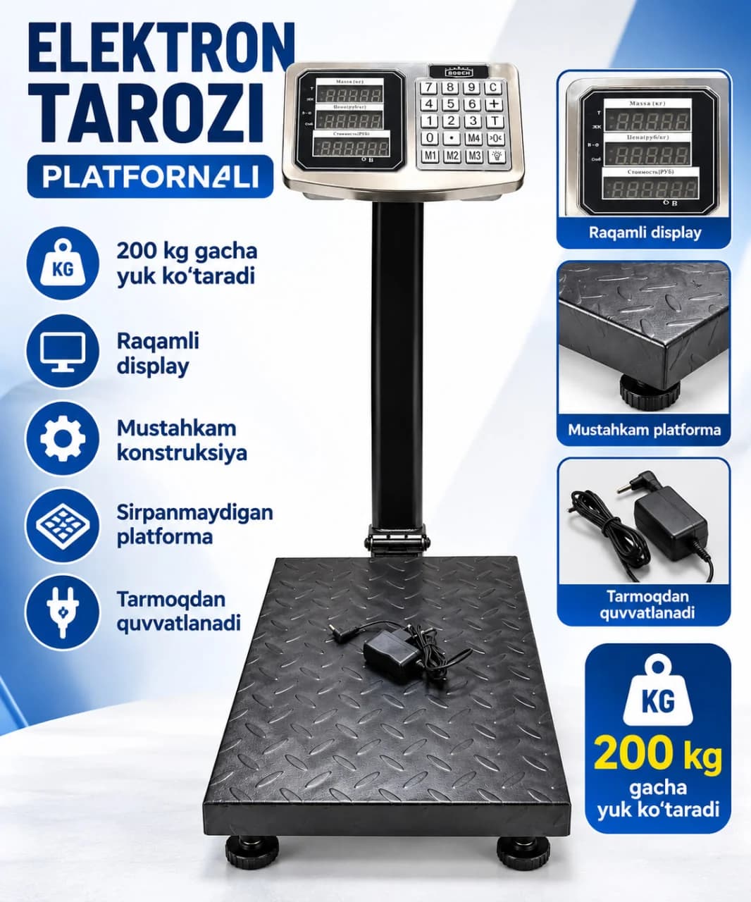 Elektron platformali tarozi - 200 kg gacha yuk ko'tarish quvvatiga ega raqamli savdo tarozi
