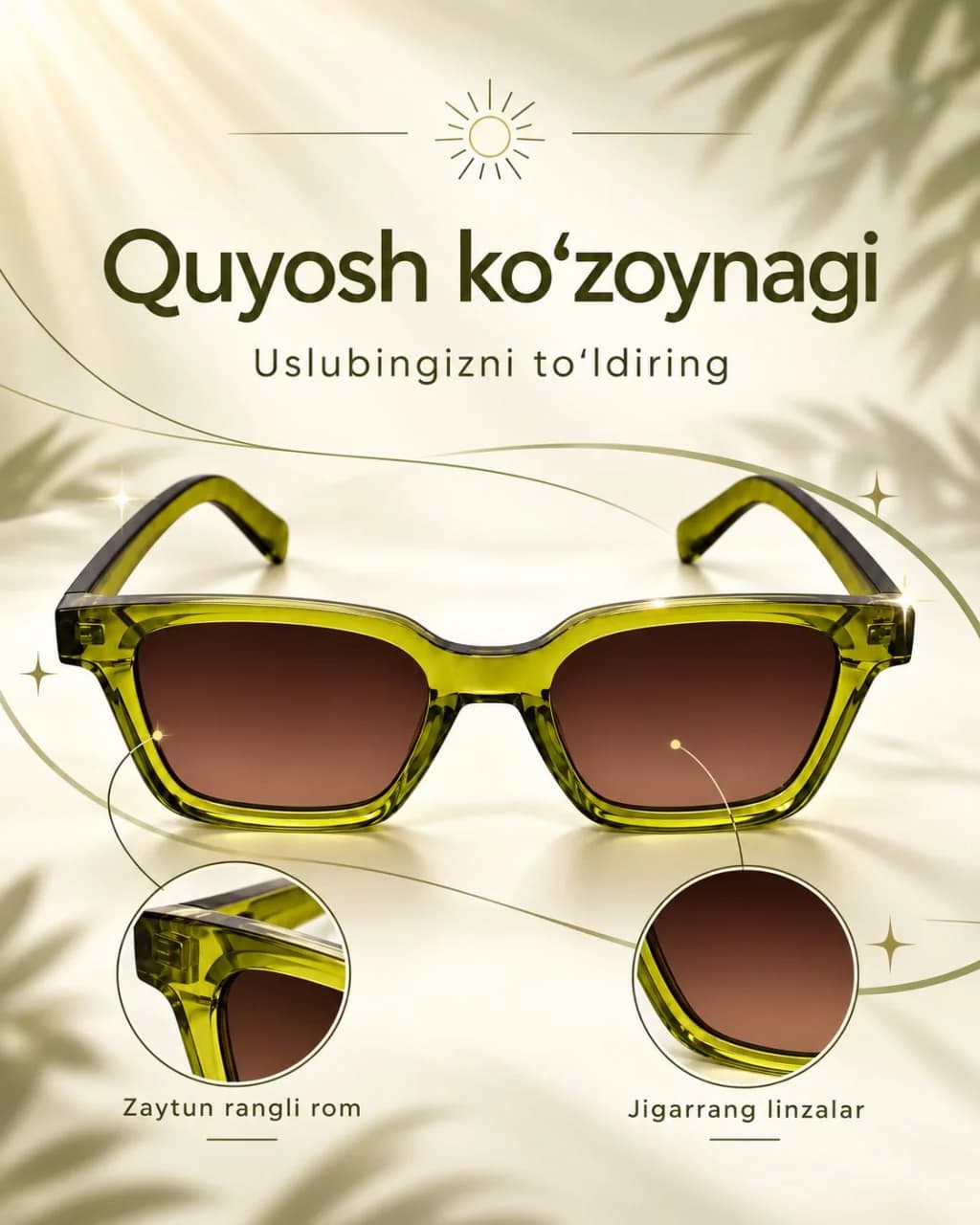 Quyoshdan himoya qiluvchi zaytun ko‘zoynak