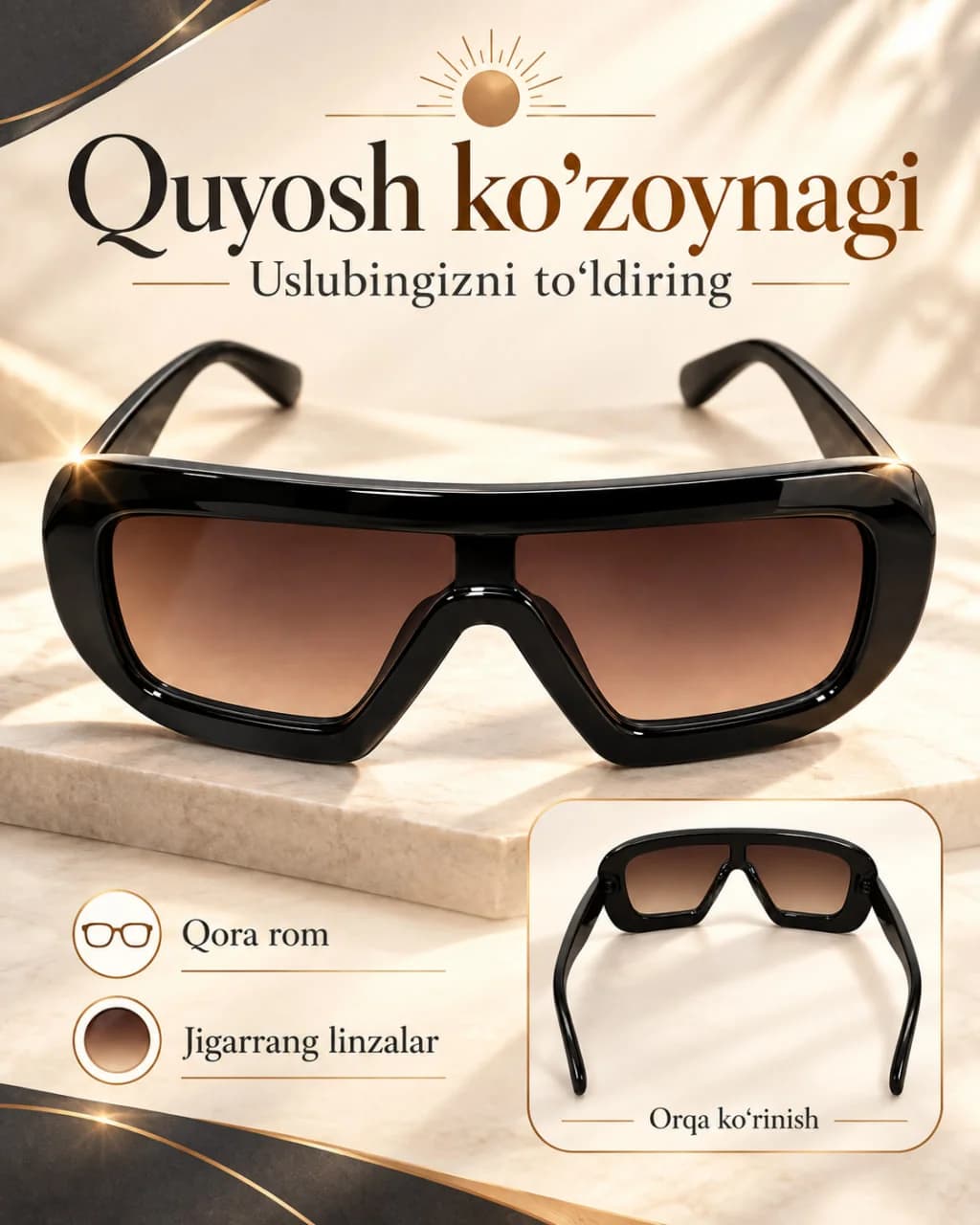 Qora romli jigarrang gradient linzali quyosh ko‘zoynagi