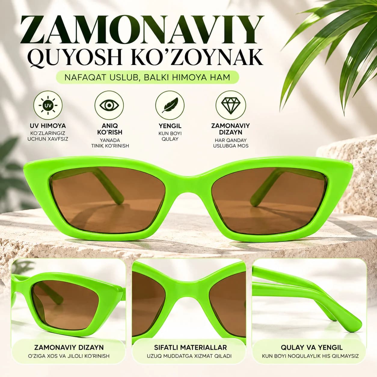 Och yashil ramkali zamonaviy quyosh ko'zoynagi (UV Himoya)