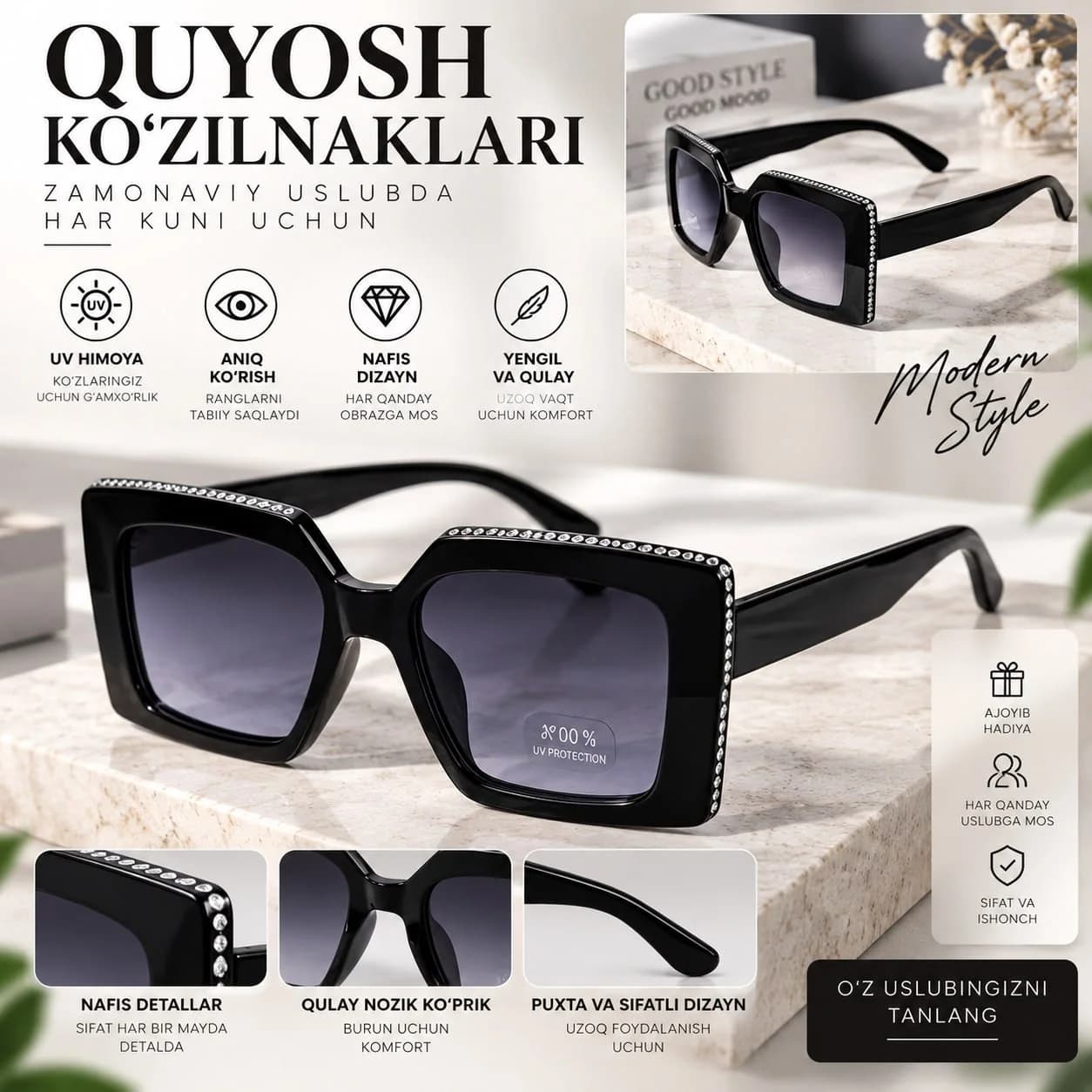 Quyosh ko‘zoynagi UV himoyali, nafis toshli bezakli qora karkasli zamonaviy ayollar modeli